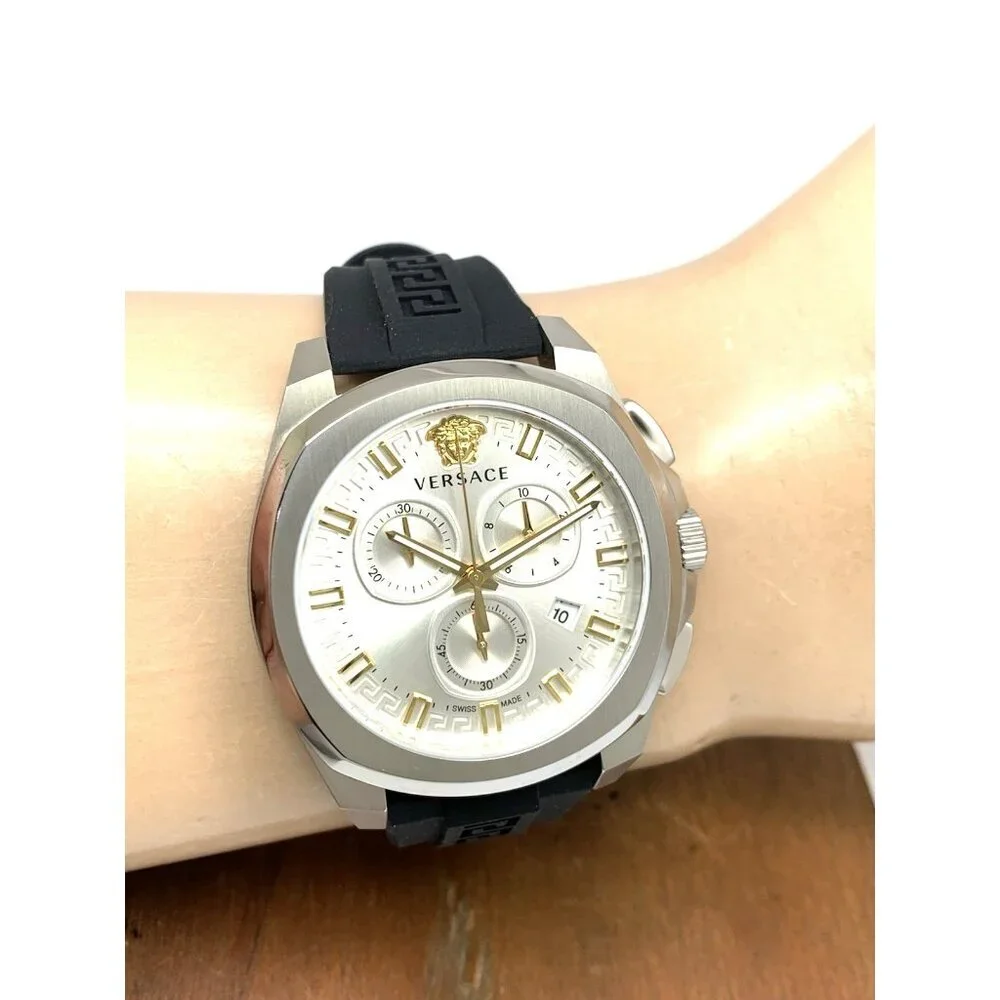Versace Men's Watch VE7CA0123 Swiss Quartz Chronograph Silver Black Rubber 43mm
